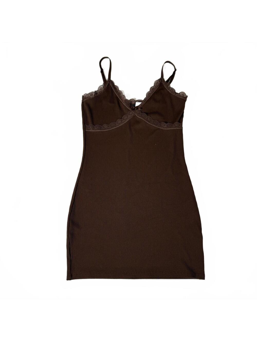 H&M Divided Lace Trim Brown Mini Dress Coquette Girly Feminine Ribbed Bodycon